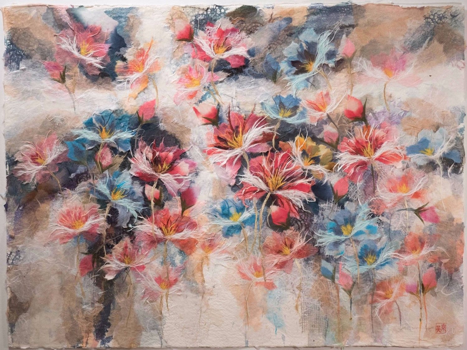 Asian Floral Tissue Paper Collage, Chop Mark — Henning Fine Art